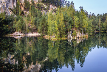 Lake in Adrspach Teplice Rocks landscape park in Broumov Highlands region of Czech Republic