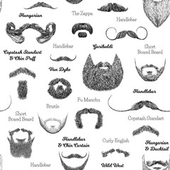 Vector seamless pattern with beards and mustaches. Hand drawn illustration with fashionable men's styles. Linear Graphics. Kinds and names of hairstyles - obrazy, fototapety, plakaty