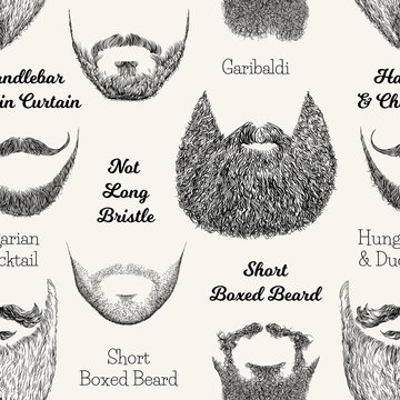 Vector seamless pattern with beards and mustaches. Hand drawn illustration with fashionable men's styles. Linear Graphics. Kinds and names of hairstyles