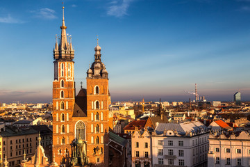 Fototapeta na wymiar Krakow, view from above the historic Polish city with Saint Mary's Basilica.