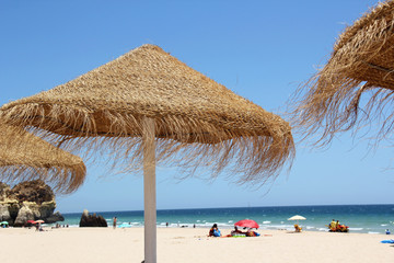 Tropical beach scene with straw umbrellas in the foreground with view looking out to the ocean.
