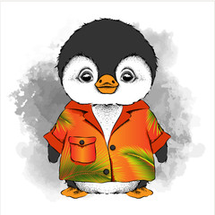 A cartoon penguin in the summer bright pool with palm trees. Vector illustration