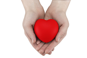 Woman holding red heart in hands,on a white background closeup