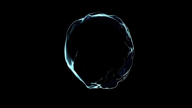 Seamlessly looped water in rim light flows with splashes around sphere, slow motion. Separated on pure black background, contains alpha channel.