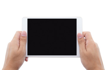 male hands holding a tablet touch computer gadget with isolated screen