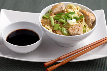 Udon noodle soup with chicken and soy sauce