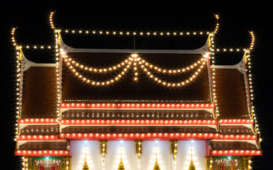 Many lights decorate the church.