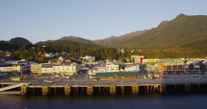 Ketchikan City in Alaska - Cruise ship destination in Alaska Inside Passage. Beautiful Alaskan sunset in Ketchikan city and harbor as seen from cruse ship. RED EPIC SLOW MOTION.