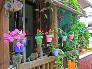 Fototapeta na wymiar Pink flowers in pots as the outdoor decoration for the flower nice shop with greenery design and welcome note, colorful style and exteriors decor, cute photo card for posters or gift cards