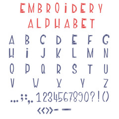 Embroidery blue and red font.Vector alphabet letters and numbers, punctuation marks. Isolated illustration on white background. Knitted vintage graphic elements. Thin line geometric set for design