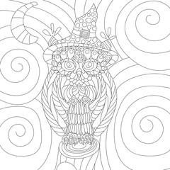 Owl anti stress vector coloring book for adult. Isolated ornament on white background with doodle and zen tangle elements. Freehand ethnic drawing for tattoo or logo template, decorative piece, page