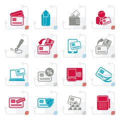 Stylized credit card, POS terminal and ATM icons - vector icon set