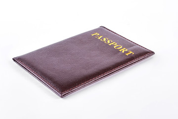Brown leather cover for passport. Brown leather passport cover isolated on white background.