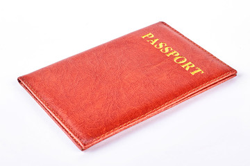 Red leather passport cover. Leather cover for passport isolated on white background. Passport on white background.