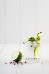 gin and tonic alcohol drink cocktail glass ice fruit garnish plain black white background
