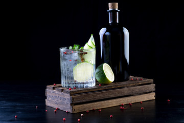 gin and tonic alcohol drink cocktail glass ice fruit garnish plain black white background - obrazy, fototapety, plakaty