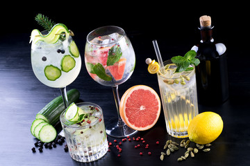 gin and tonic alcohol drink cocktail glass ice fruit garnish plain black white background