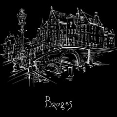 Vector scenic city sketch, view of Bruges canal and bridge with beautiful medieval houses, Belgium. White on black