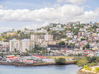 Fototapeta na wymiar House-covered hillside in Fort-de-France, capital city of Martinique, an overseas department of France