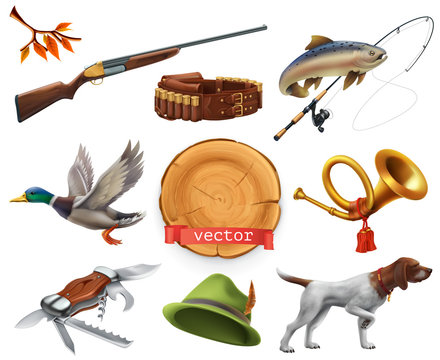 Hunting Set. Shotgun, Dog, Duck, Fishing, Horn, Hat, Knife. 3d Vector Icon