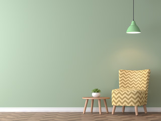 Modern vintage living room with green wall 3d rendering image.There are minimalist style image ,green empty wall and yellow furniture