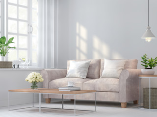Fototapeta premium Vintage living room 3d rendering image.The Rooms have white wooden floors and white walls. There are white window overlooking to the nature.