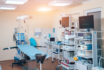Surgical equipment and medical devices in operating room.