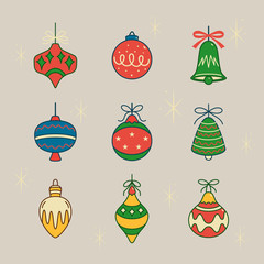 Vintage style christmas balls and bells icon set. Colorful xmas decorations vector illustrations. Isolated stylish design elements for seasonal greetings.