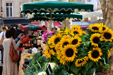 Aix-en-Provence, France - October 18, 2017 : people buying vegetables and flowers in the central provence market square with sunflowers aix en provence photo - obrazy, fototapety, plakaty