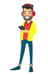 Young caucasian white hipster man using mobile phone while listening to music with wireless headphones. Vector cartoon illustration isolated on white background.