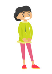 Full length of little caucasian white smiling girl standing and posing. The concept of childhood. Vector cartoon illustration isolated on white background.