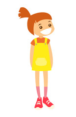 Full length of cheerful little caucasian white red haired girl in yellow dress standing and posing. The concept of childhood. Vector cartoon illustration isolated on white background.