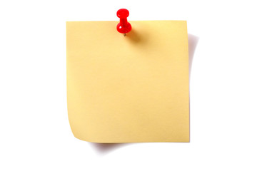 One single yellow square sticky post it note with pushpin curled corner and shadow isolated on...