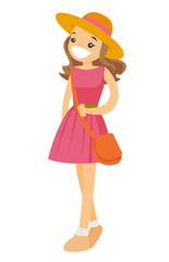 Young caucasian white smiling woman in pink dress and panama hat. Vector cartoon illustration isolated on white background.