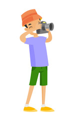 Young caucasian white smiling boy holding photo camera and taking pictures. Vector cartoon illustration isolated on white background.