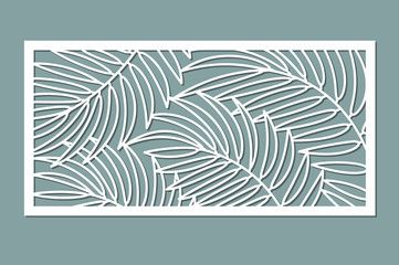 Decorative card for cutting. Palm leaf pattern. Laser cut. Ratio 1:2. Vector illustration.