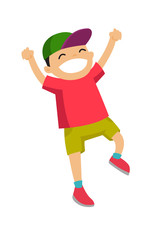 Excited emotional little active caucasian white boy jumping with raised hands up. Vector cartoon illustration isolated on white background.