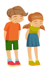 Little caucasian white upset offended girl and boy after punishment from parents. Vector cartoon illustration isolated on white background.