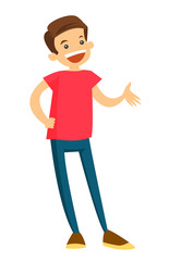 Full length of caucasian white teenage boy laughing and gesturing with his hands. Vector cartoon illustration isolated on white background.