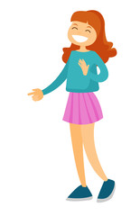 Full length of caucasian white teenage girl laughing and gesturing with her hands. Vector cartoon illustration isolated on white background.