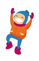 Excited caucasian white boy in winter clothing jumping outdoors
