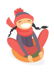 Happy laughing caucasian white girl sledding down on snow rubber tube in the winter park. Concept of outdoor winter leisure activity. Vector cartoon illustration isolated on white background.