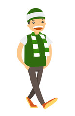 Young caucasian white happy sport fan in green outfit cheering for their team. Football fan strolling. Vector cartoon illustration isolated on white background.