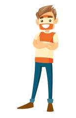 Young caucasian white happy sport fan in orange outfit standing with folded arms. Sport fan watching game. Vector cartoon illustration isolated on white background.