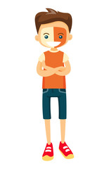 Little caucasian white happy sport fan in orange outfit standing with folded arms. Teenage sport fan watching game. Vector cartoon illustration isolated on white background.