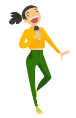 Young caucasian white woman singing karaoke. Cheerful woman having fun at karaoke party. Vector cartoon illustration isolated on white background.