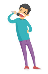 Young happy caucasian white man singing karaoke. Cheerful man having fun at karaoke party. Vector cartoon illustration isolated on white background.