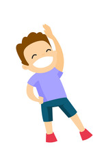 Little happy caucasian white boy doing stretching warm up exercise. Vector cartoon illustration isolated on white background.