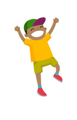 Excited emotional little active african-american boy jumping with raised hands up. Vector cartoon illustration isolated on white background.