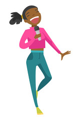 Young african-american woman singing karaoke. Cheerful woman having fun at karaoke party. Vector cartoon illustration isolated on white background.